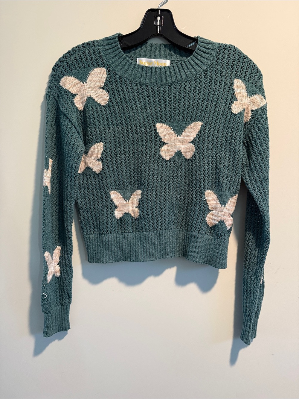 Sugar Moon Butterfly Intarsia Crewneck Sweater in Teal Green